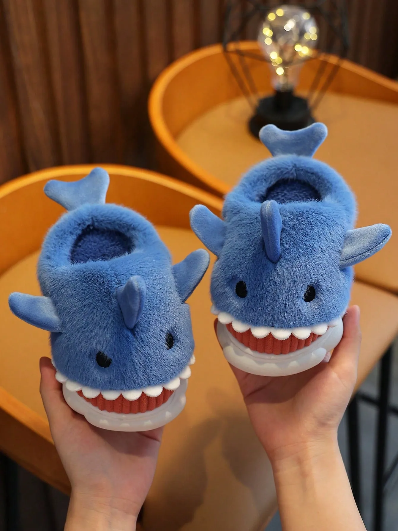 1 Pair Toddler Boys' Plush Shark Design Slip-On House Slippers, Suitable For Winter