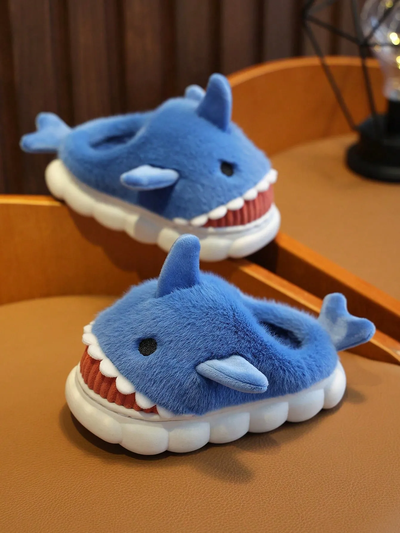 1 Pair Toddler Boys' Plush Shark Design Slip-On House Slippers, Suitable For Winter
