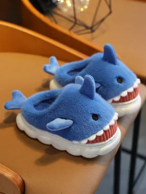 1 Pair Toddler Boys' Plush Shark Design Slip-On House Slippers, Suitable For Winter
