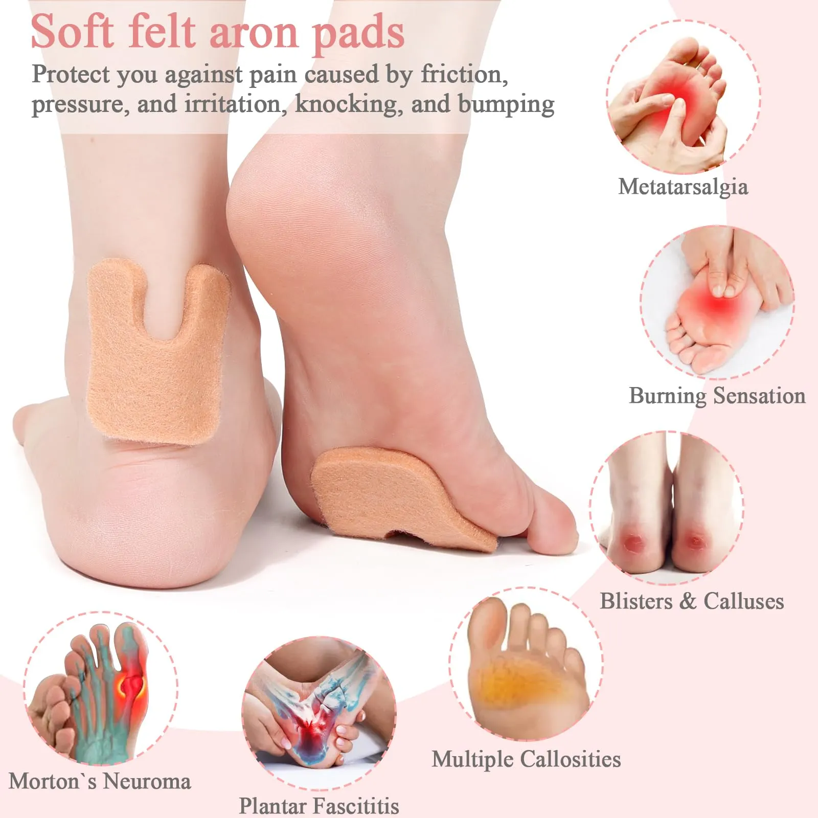 72 Pcs Callus Pads for Feet Soft Felt Callus Cushions for Bottom of Foot U Shape Metatarsal Pads Pain Relief Adhesive Coin Pads Keep Protecting Calluses from Rubbing on Shoes for Women Men Heel Pads Beige