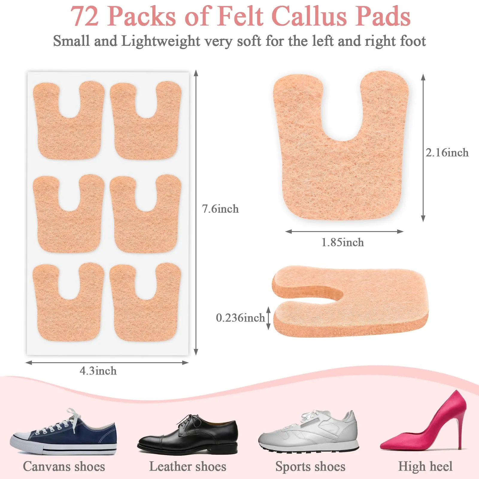 72 Pcs Callus Pads for Feet Soft Felt Callus Cushions for Bottom of Foot U Shape Metatarsal Pads Pain Relief Adhesive Coin Pads Keep Protecting Calluses from Rubbing on Shoes for Women Men Heel Pads Beige