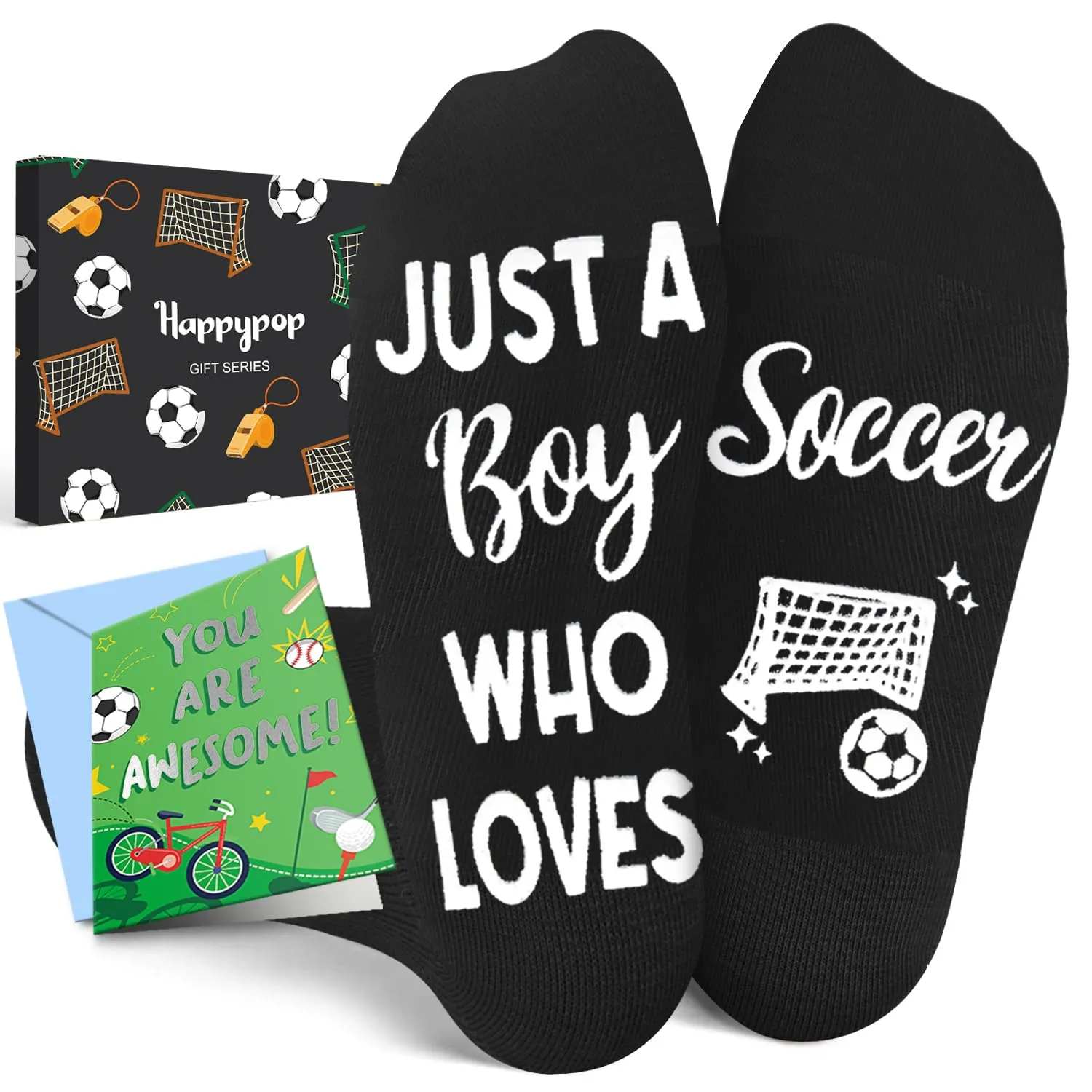 HAPPYPOP Soccer Gifts For Boys Kids - Gifts For Soccer Lover Players With Greeting Card, Kids Boys Soccer Socks, Grip Socks Soccer, Soccer Stocking Stuffers