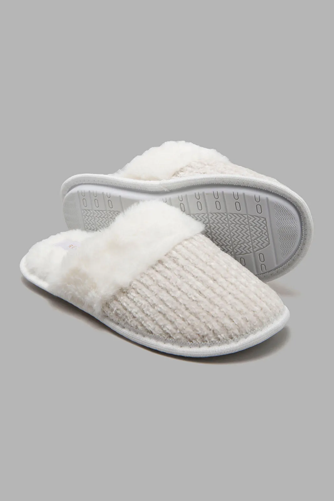 Ivory Chenille Slipper With Fur Trim
