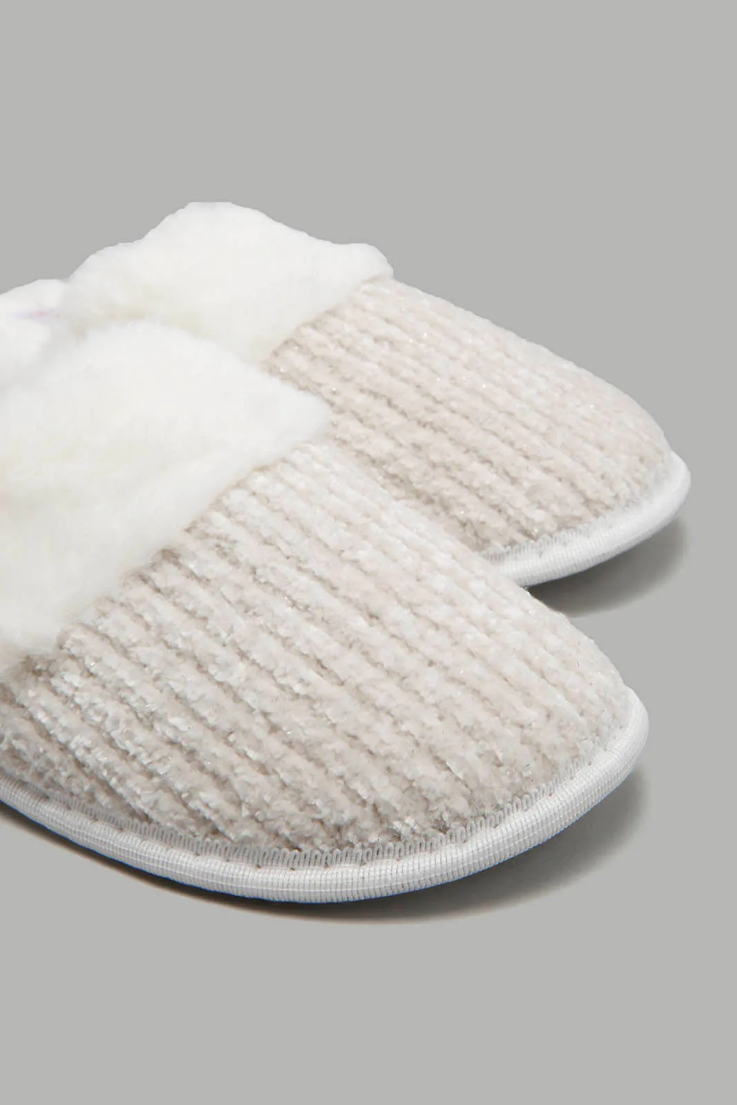 Ivory Chenille Slipper With Fur Trim