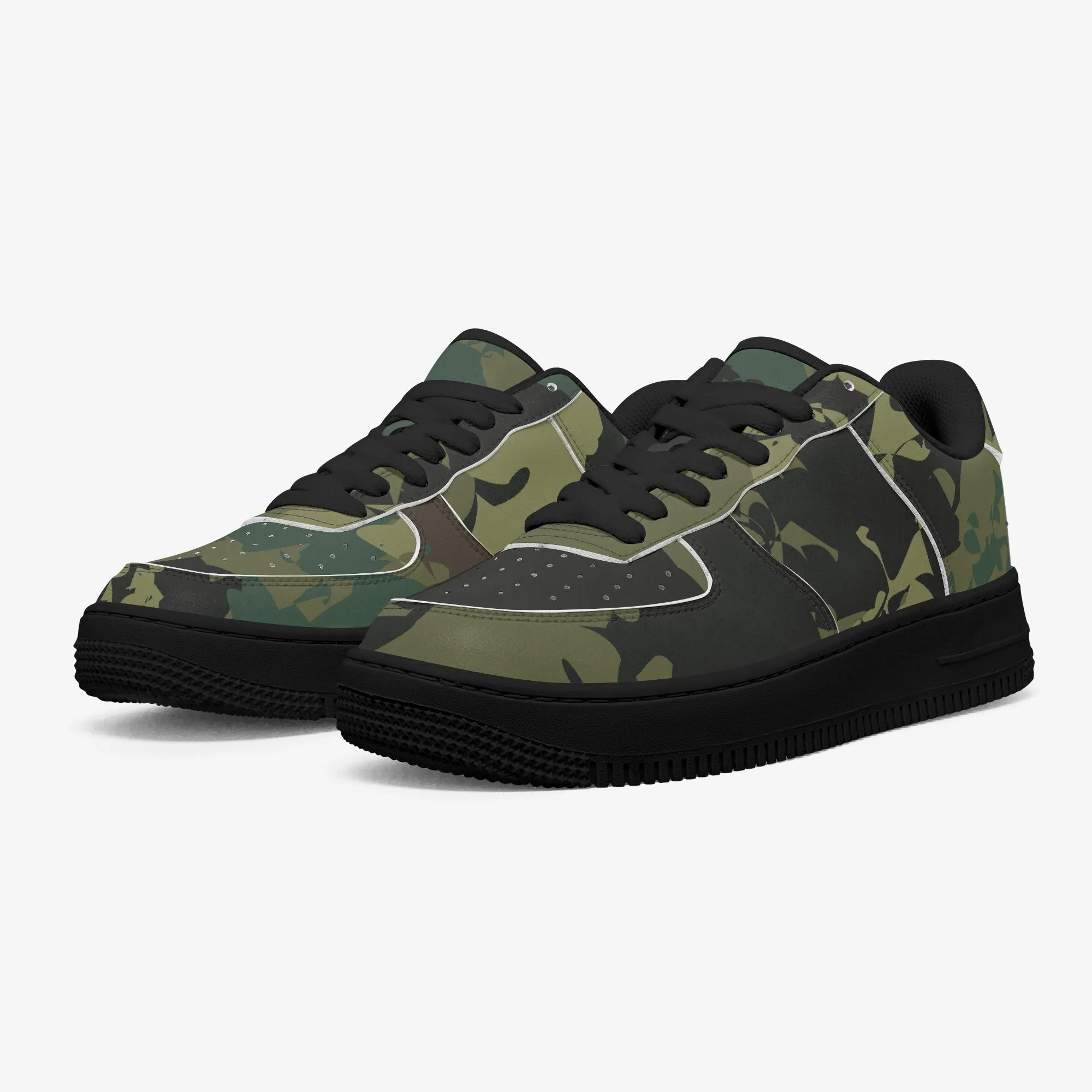 Kicxs Green Camo Low-Top Leather Sports Sneakers - Black Sole