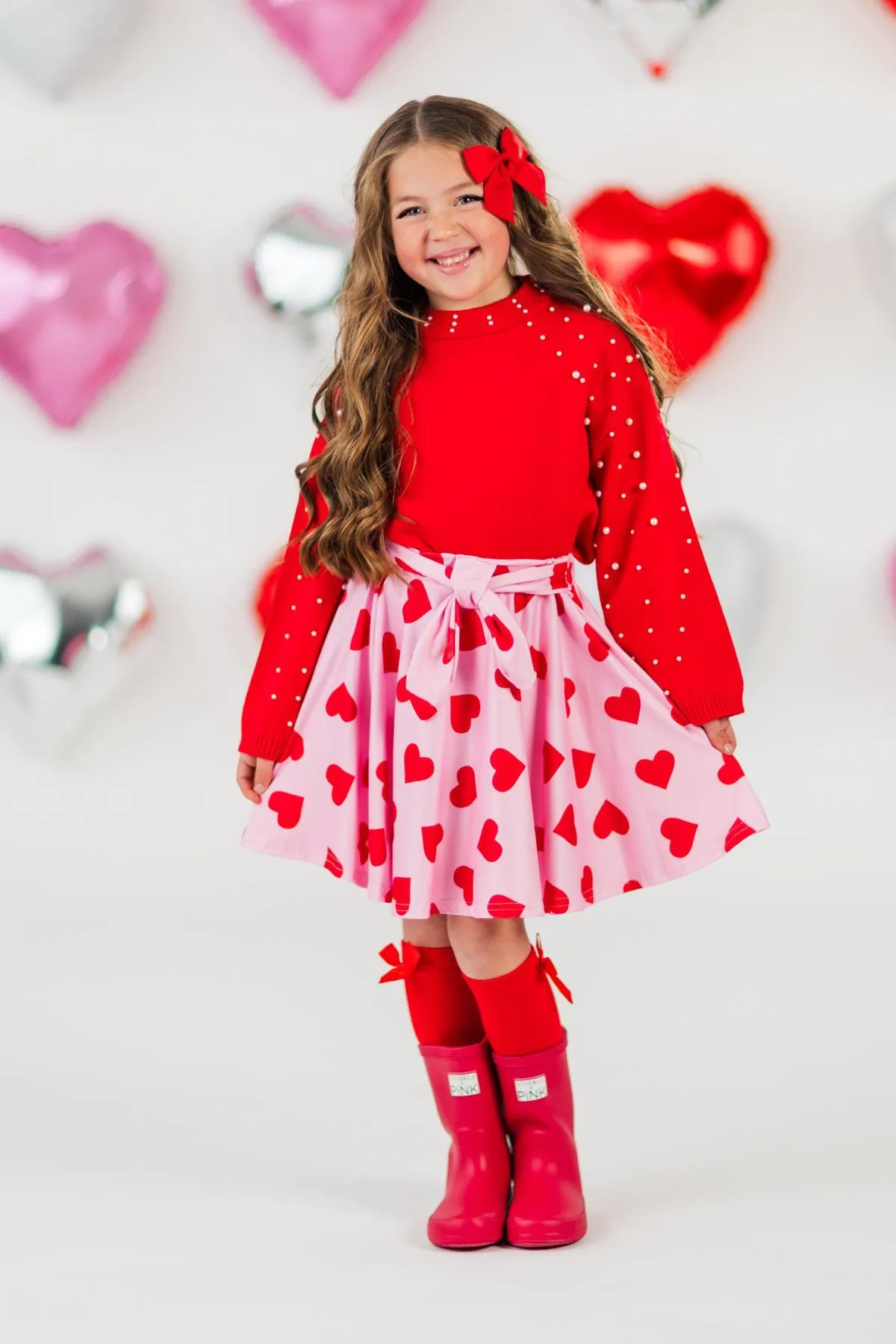 Red Pearl Sweater Hearts Skirt Set
