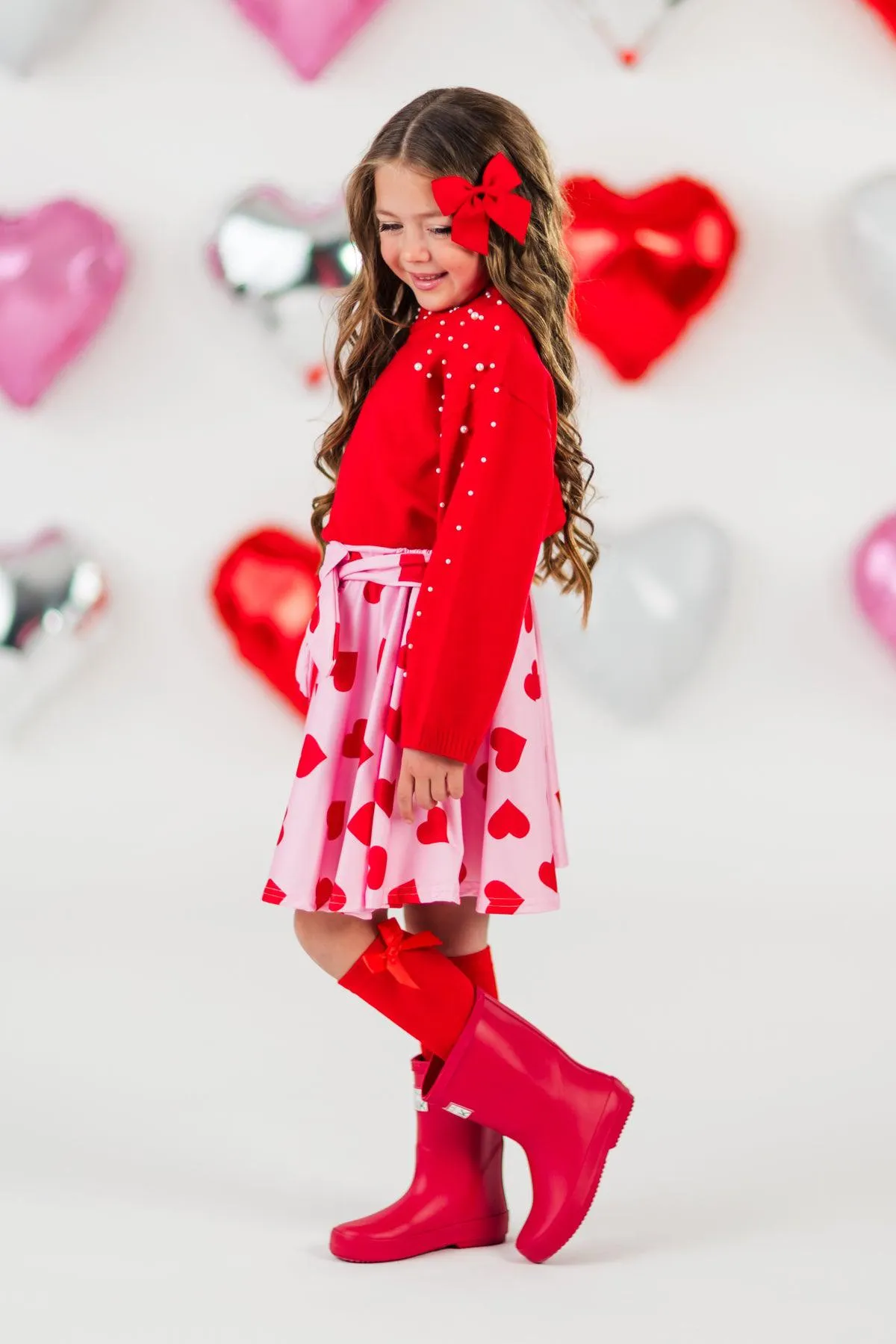 Red Pearl Sweater Hearts Skirt Set