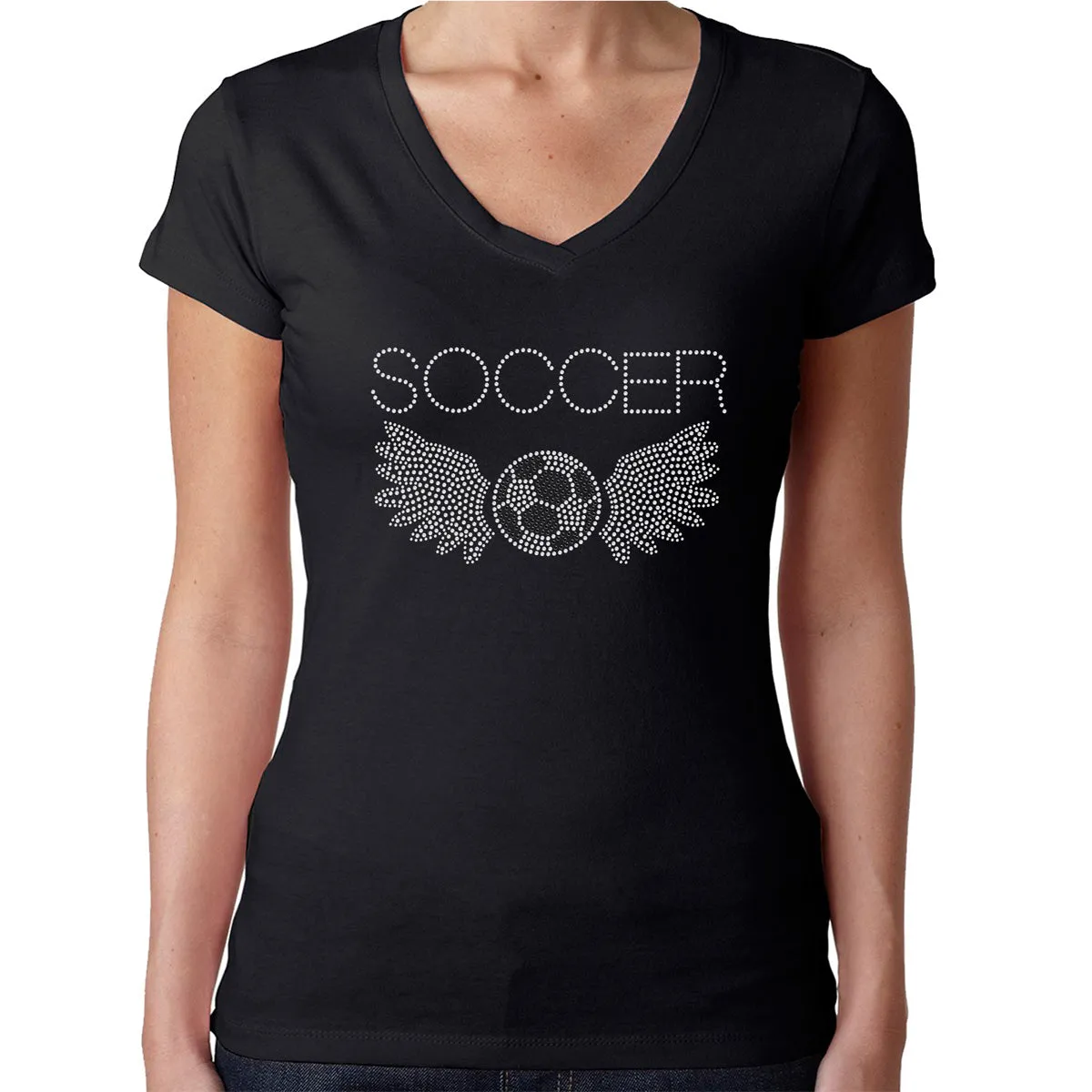 Womens T-Shirt Rhinestone Bling Black Fitted Tee Soccer Angel Wings