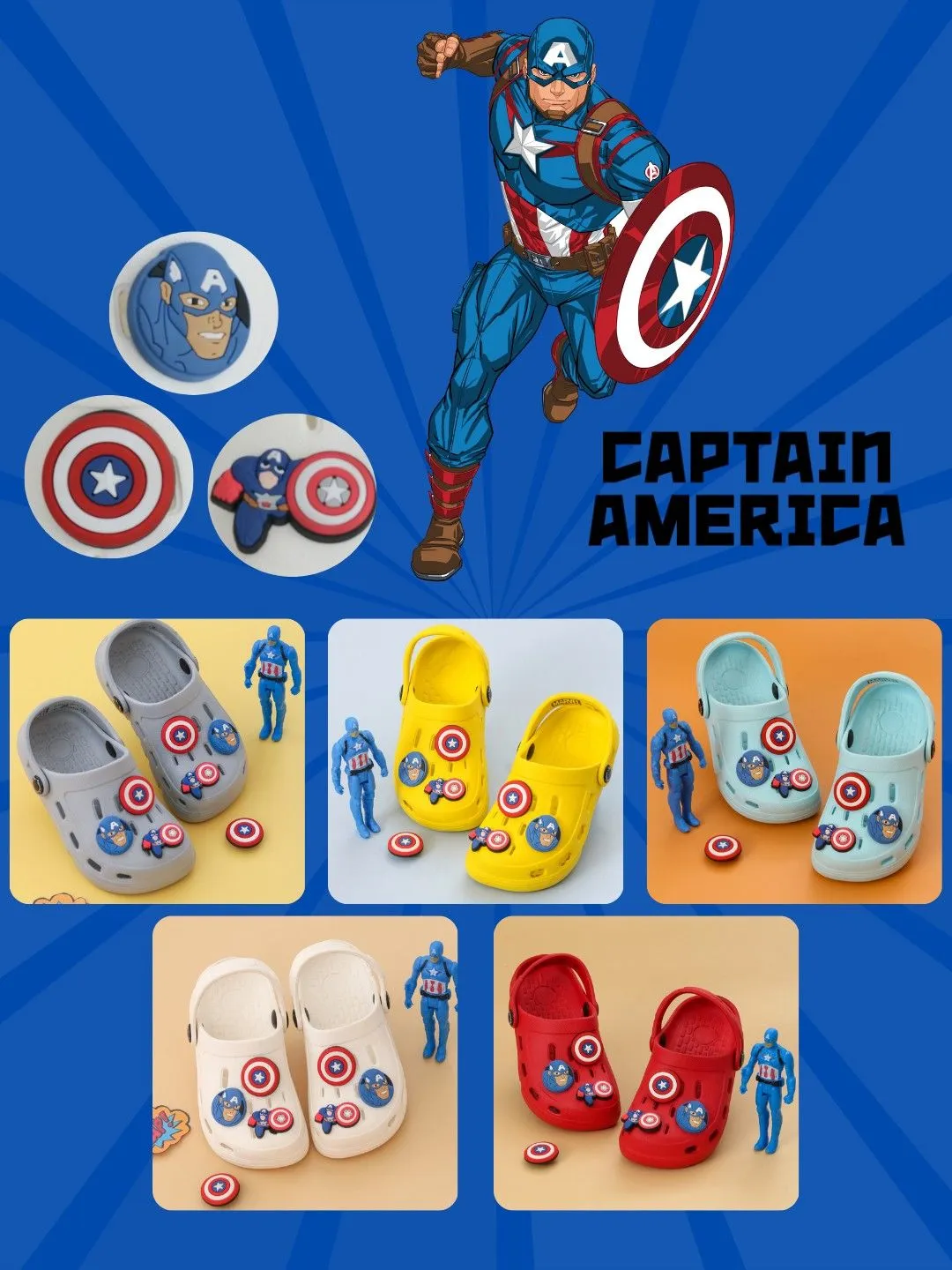 Yellow Bee Boys’ Marvel Captain America Clogs with Shield & Character Charms – Light Blue