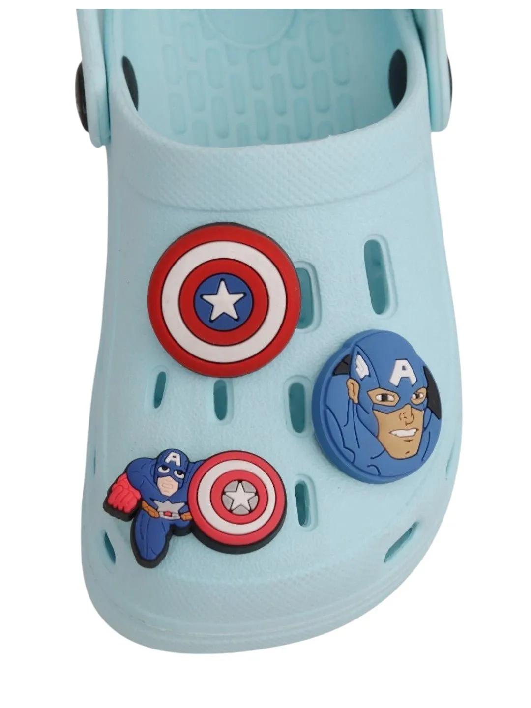 Yellow Bee Boys’ Marvel Captain America Clogs with Shield & Character Charms – Light Blue
