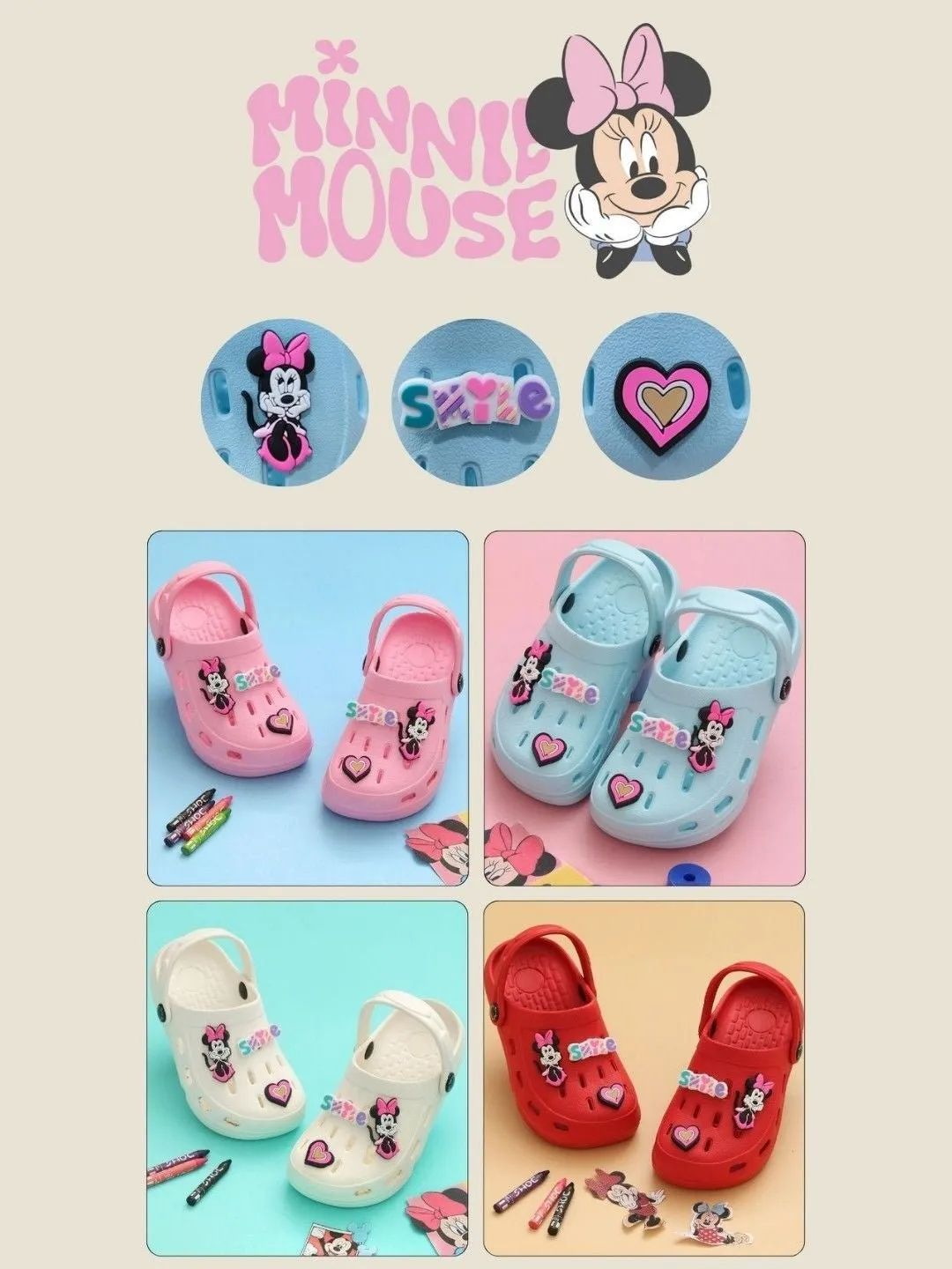Yellow Bee Girls’ Disney Minnie Mouse Clogs with Smile & Heart Charms – Light Blue
