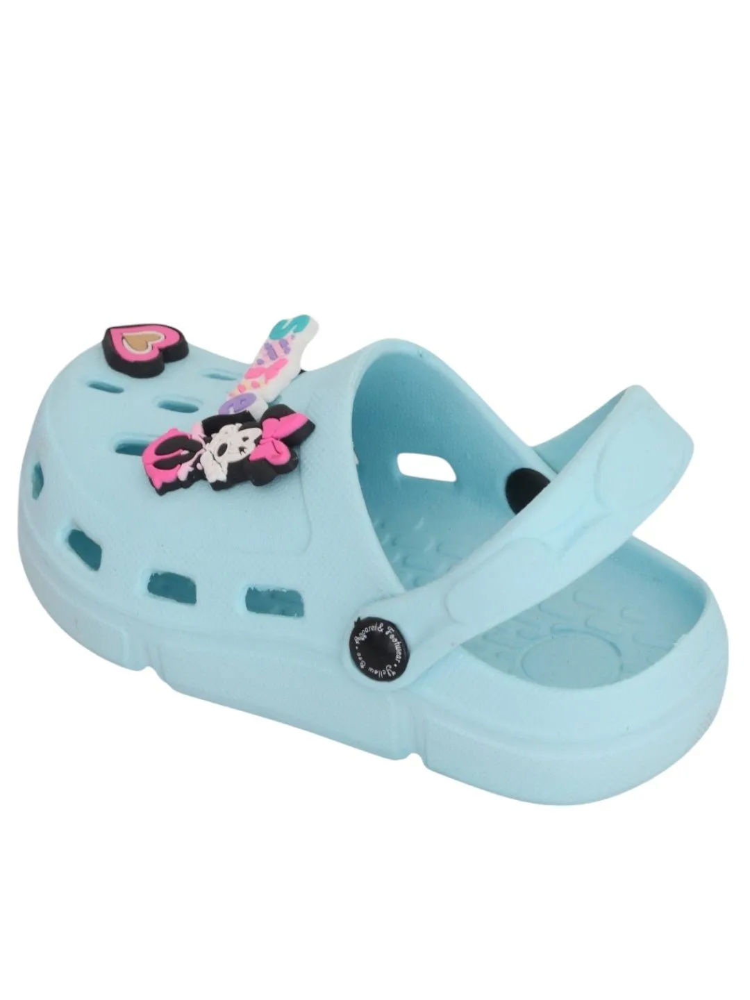 Yellow Bee Girls’ Disney Minnie Mouse Clogs with Smile & Heart Charms – Light Blue