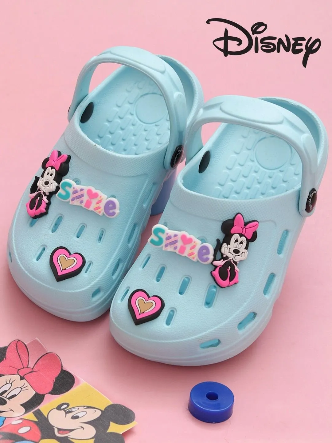 Yellow Bee Girls’ Disney Minnie Mouse Clogs with Smile & Heart Charms – Light Blue