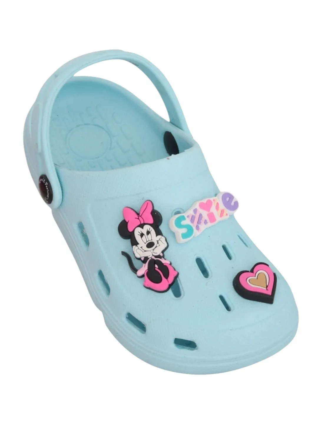 Yellow Bee Girls’ Disney Minnie Mouse Clogs with Smile & Heart Charms – Light Blue