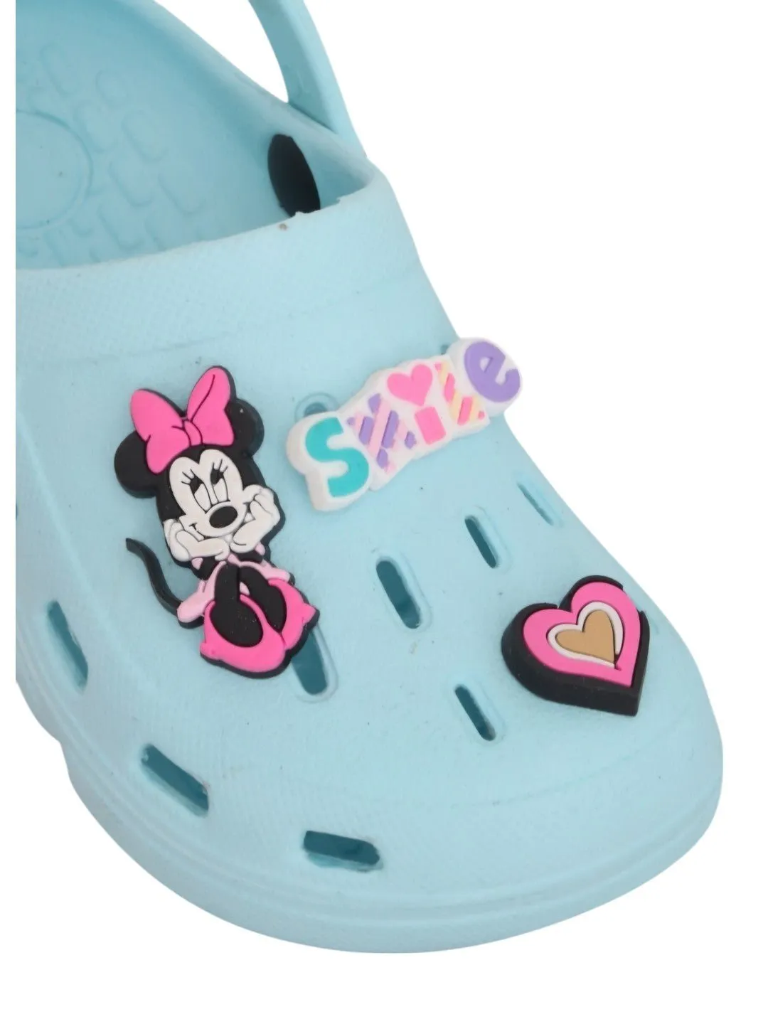 Yellow Bee Girls’ Disney Minnie Mouse Clogs with Smile & Heart Charms – Light Blue