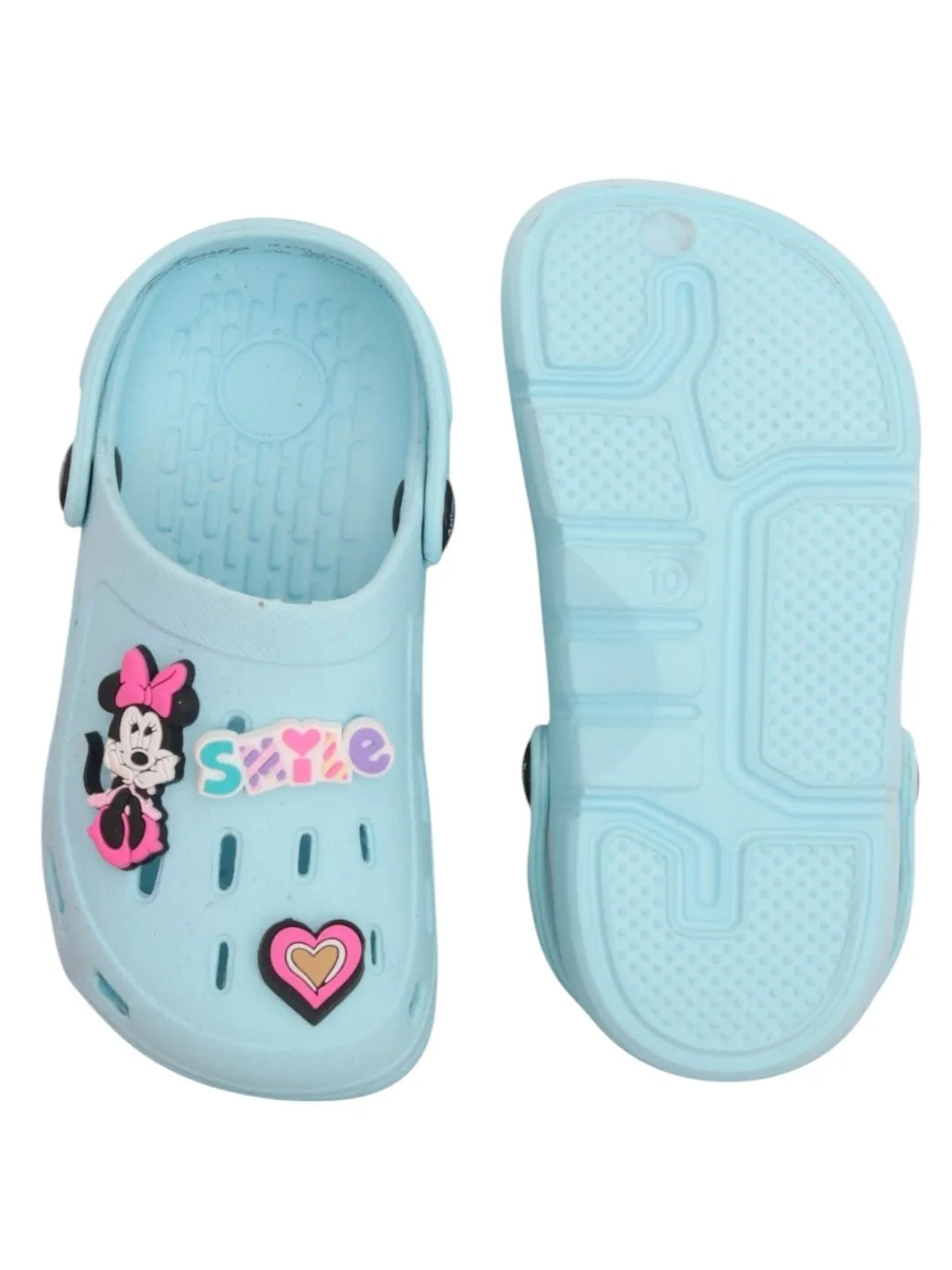 Yellow Bee Girls’ Disney Minnie Mouse Clogs with Smile & Heart Charms – Light Blue