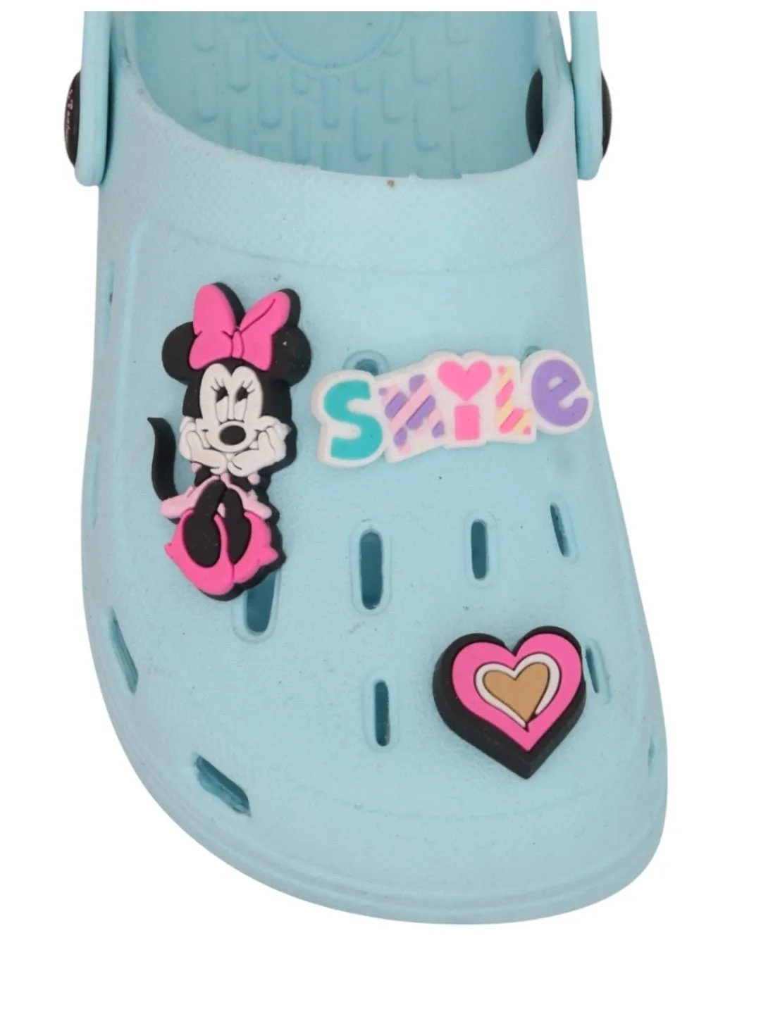 Yellow Bee Girls’ Disney Minnie Mouse Clogs with Smile & Heart Charms – Light Blue